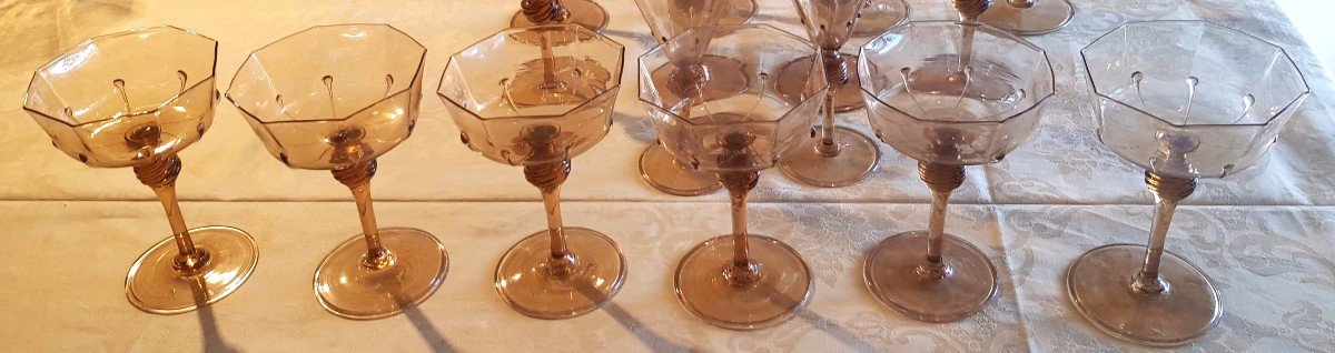 Set Of 6 Antique Murano Salviati Blown Glass Champagne Glasses