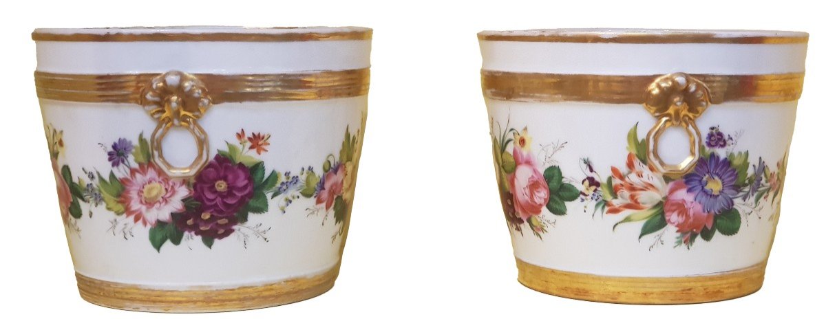 Pair Of Antique Vieux Paris Porcelain Cachepots With Floral Decoration