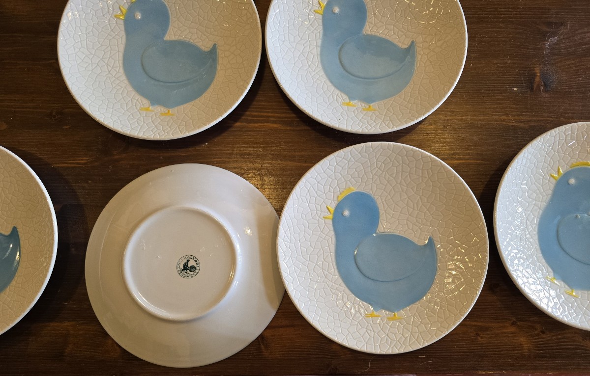 Lot Of 6 Old Galvani Faience Plates With Chick Decoration-photo-2