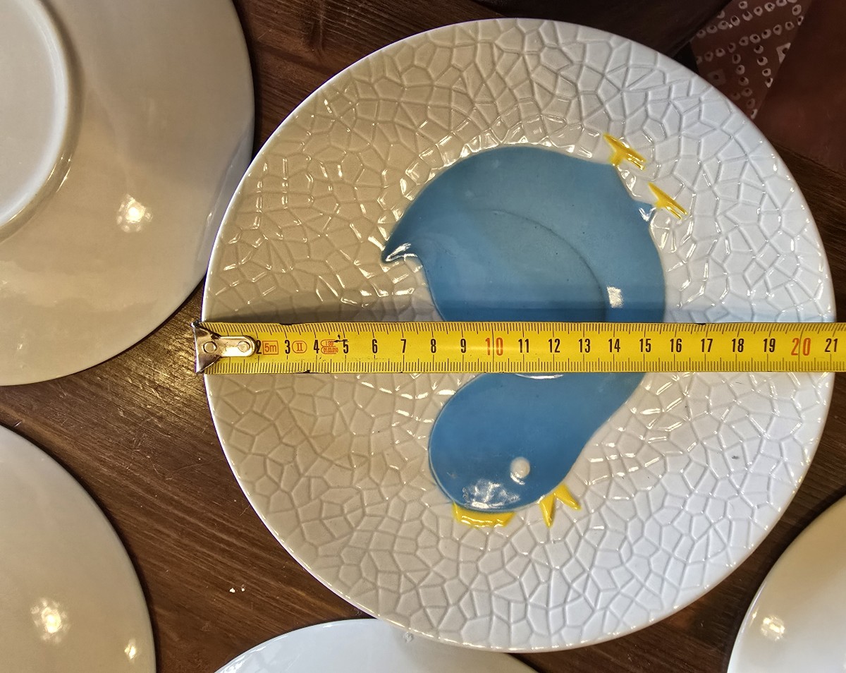 Lot Of 6 Old Galvani Faience Plates With Chick Decoration-photo-3