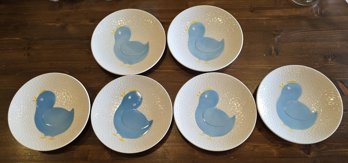 Lot Of 6 Old Galvani Faience Plates With Chick Decoration