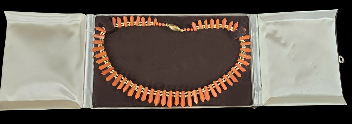 Ancien Collier Ras-du-cou  En Corail, Argent Et Or-photo-2