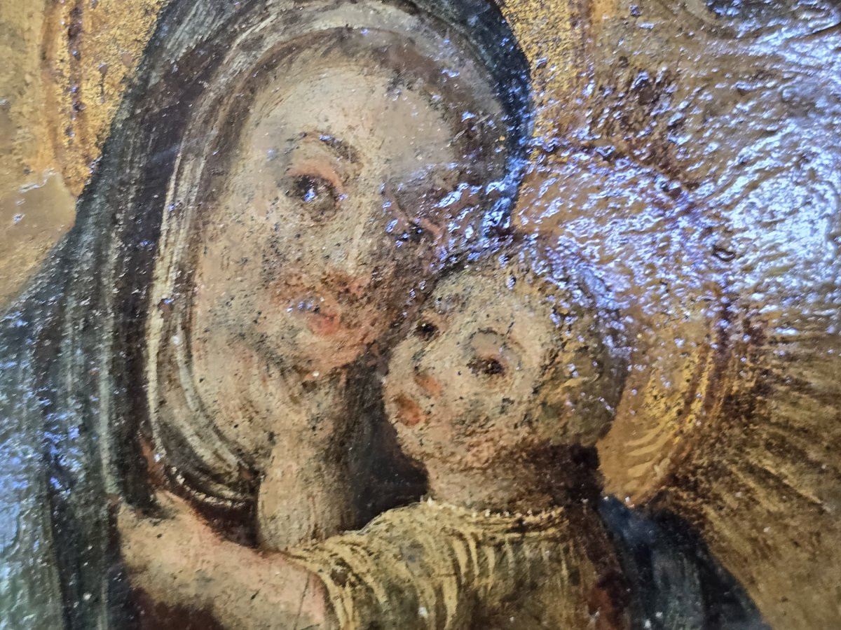 Tableau Religieux Ancien Huile Su Cuivre Vierge Et Enfant Jesus-photo-2