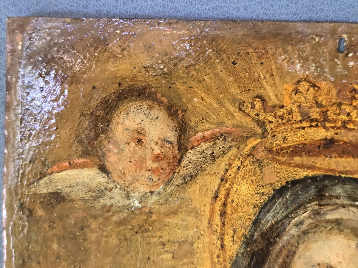 Tableau Religieux Ancien Huile Su Cuivre Vierge Et Enfant Jesus-photo-4