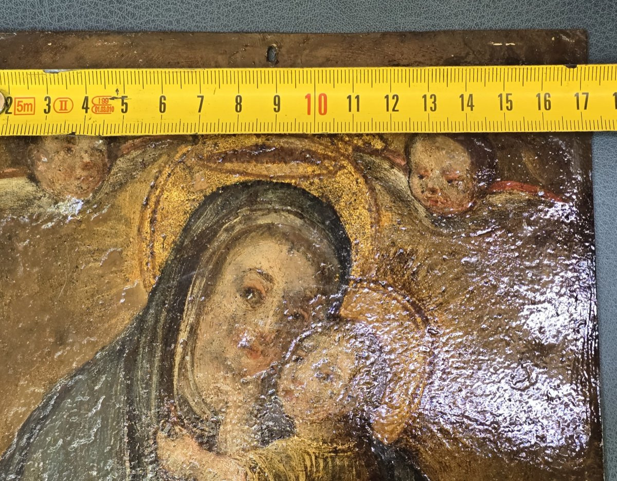Tableau Religieux Ancien Huile Su Cuivre Vierge Et Enfant Jesus-photo-3