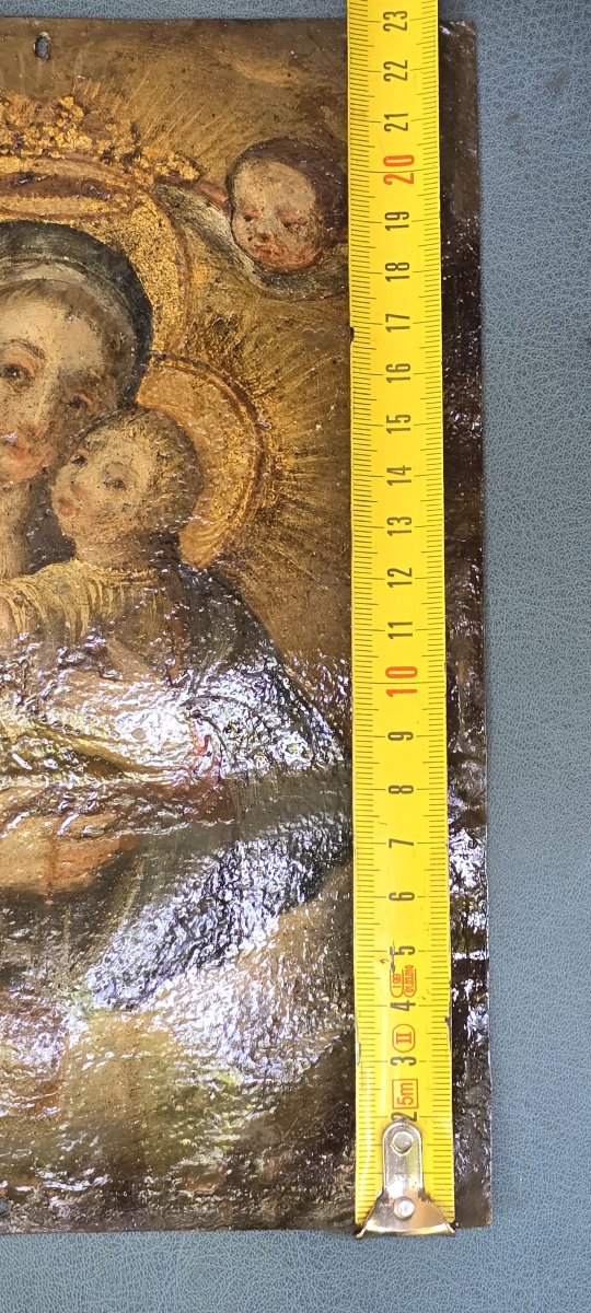 Tableau Religieux Ancien Huile Su Cuivre Vierge Et Enfant Jesus-photo-4