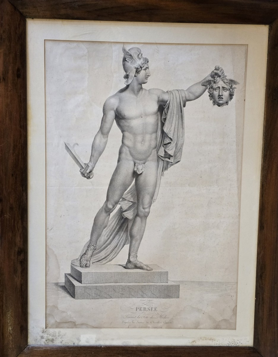Neoclassical Engraving Depicting Perseus, Based On Canova's Sculpture