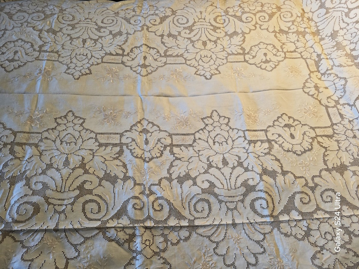 Antique Ceremonial Tablecloth And 6 Hand-embroidered Napkins 255x165 Cm-photo-1