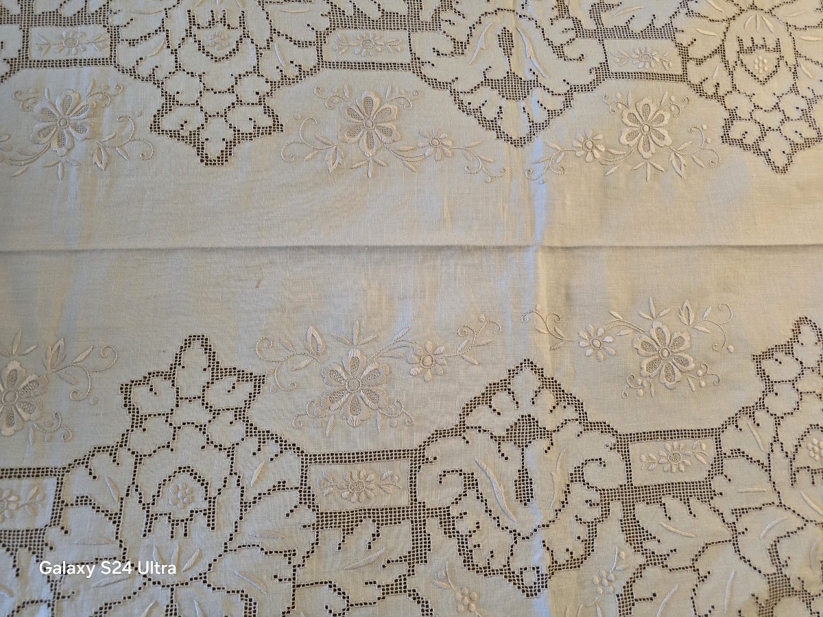 Antique Ceremonial Tablecloth And 6 Hand-embroidered Napkins 255x165 Cm-photo-3