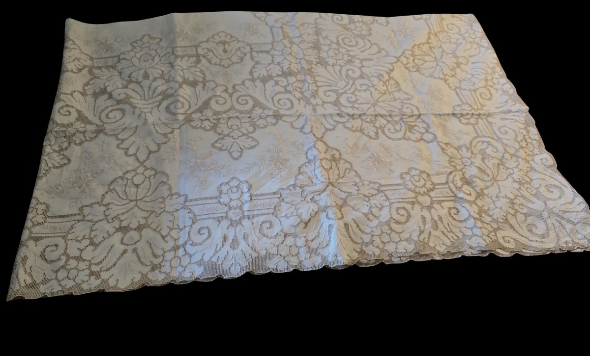 Antique Ceremonial Tablecloth And 6 Hand-embroidered Napkins 255x165 Cm-photo-4