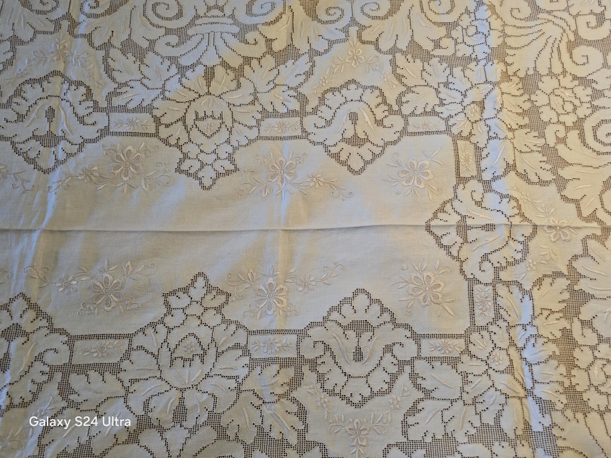 Antique Ceremonial Tablecloth And 6 Hand-embroidered Napkins 255x165 Cm-photo-5