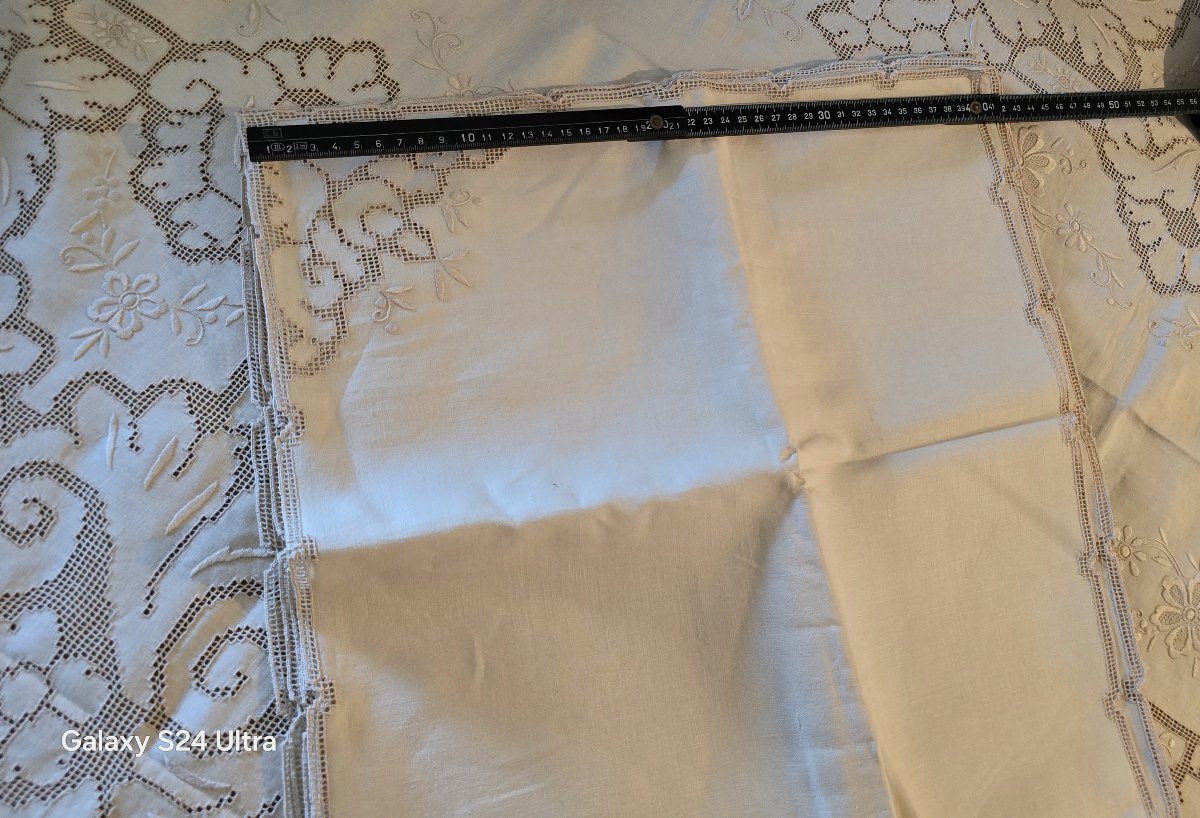 Antique Ceremonial Tablecloth And 6 Hand-embroidered Napkins 255x165 Cm-photo-8