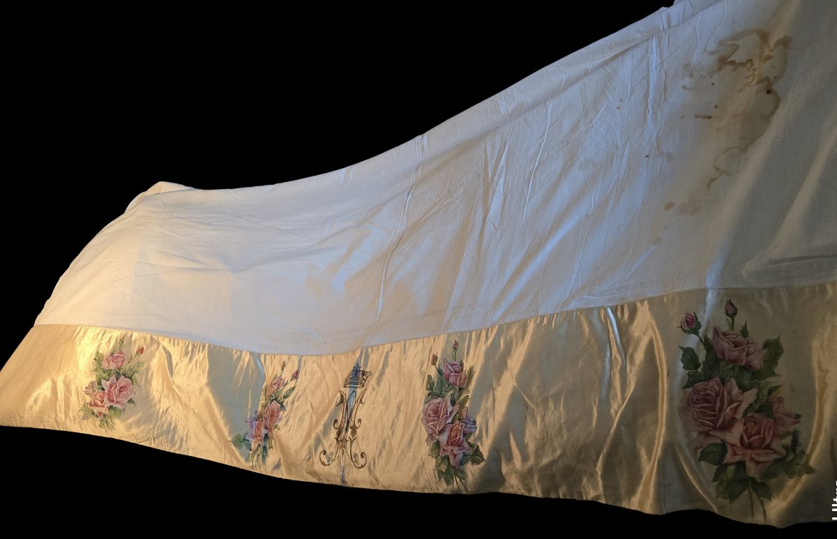 Ancienne Nappe Dessus d'Autel Antependium En Soie Peinte Roses-photo-2
