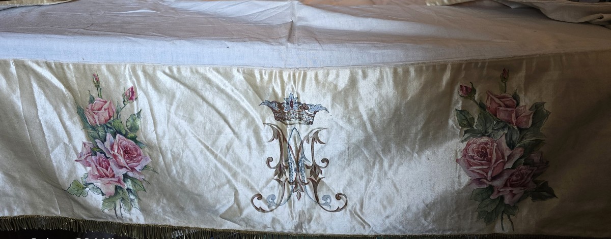Ancienne Nappe Dessus d'Autel Antependium En Soie Peinte Roses-photo-3