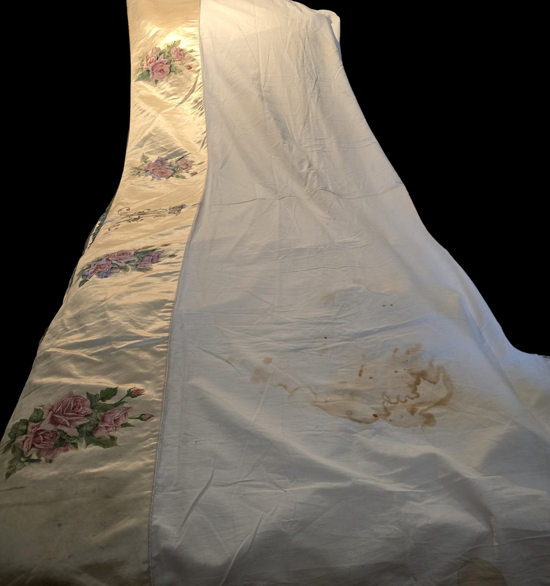 Ancienne Nappe Dessus d'Autel Antependium En Soie Peinte Roses-photo-4