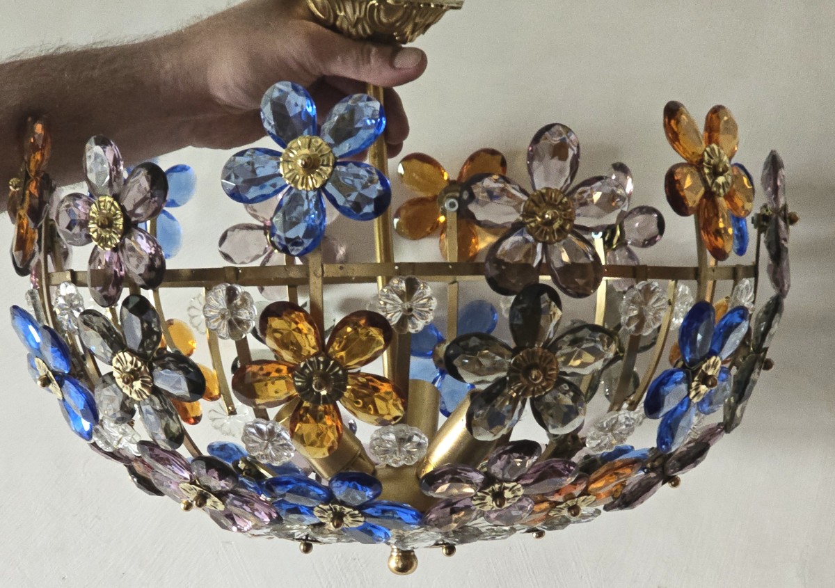 Antique Ceiling Light With Multicolored Crystal Flowers-photo-2