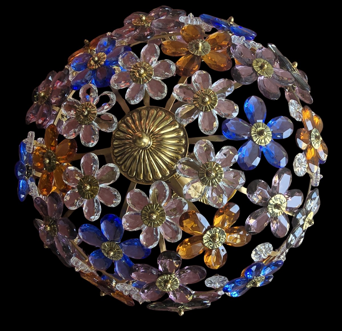 Antique Ceiling Light With Multicolored Crystal Flowers
