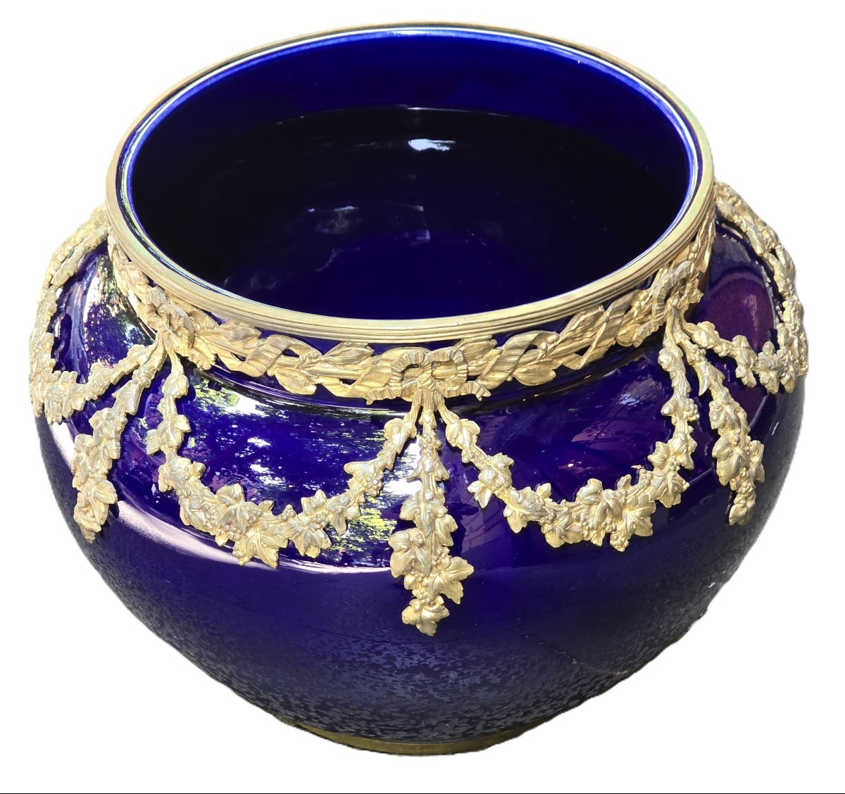 Large Antique Cachepot In Sèvres Blue Porcelain, Mounted In Bronze-photo-2