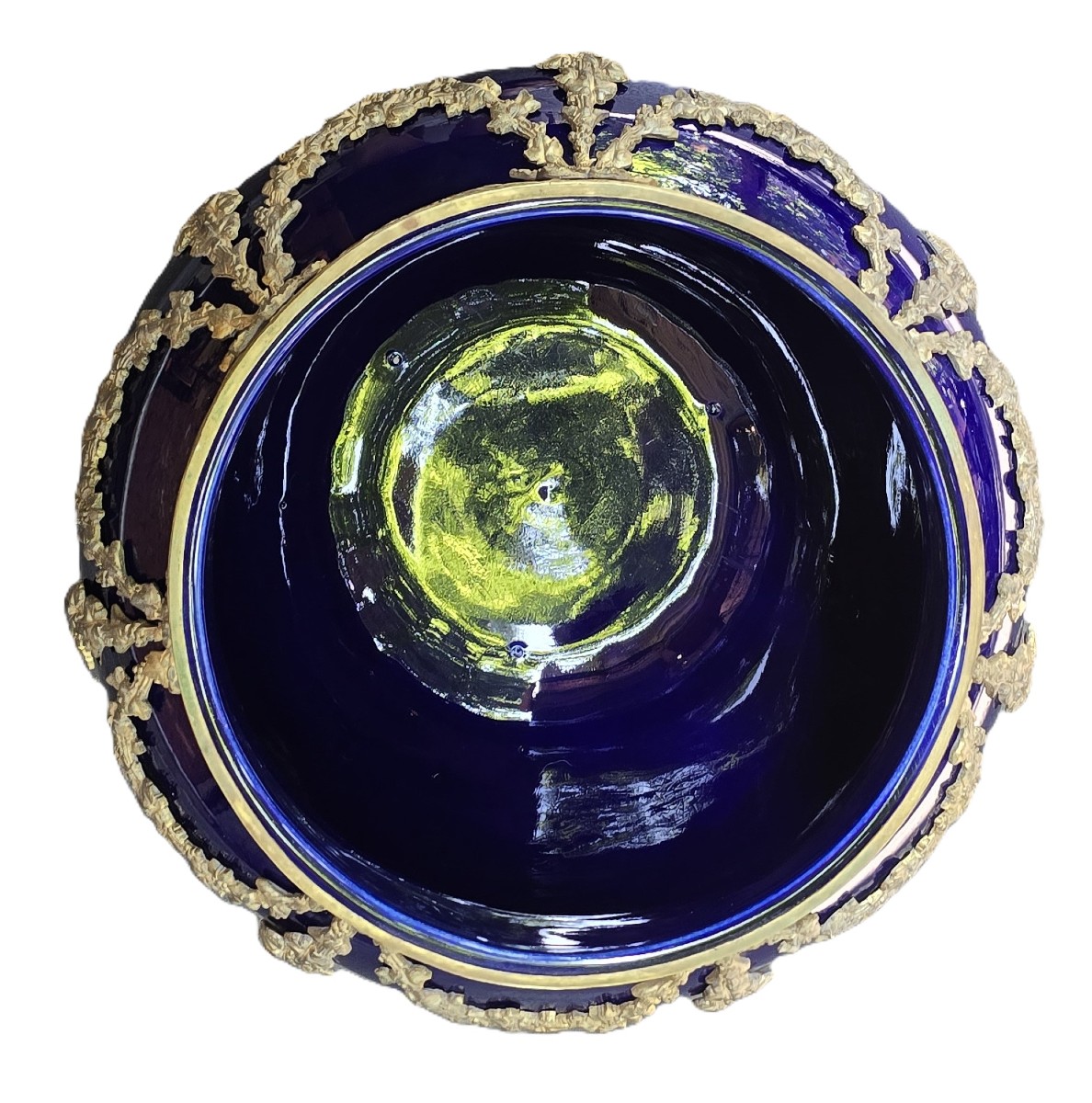 Large Antique Cachepot In Sèvres Blue Porcelain, Mounted In Bronze-photo-4