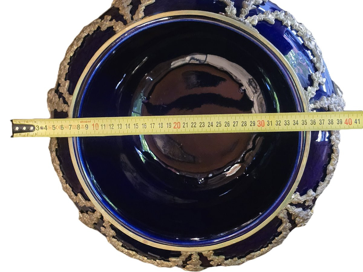 Large Antique Cachepot In Sèvres Blue Porcelain, Mounted In Bronze-photo-5