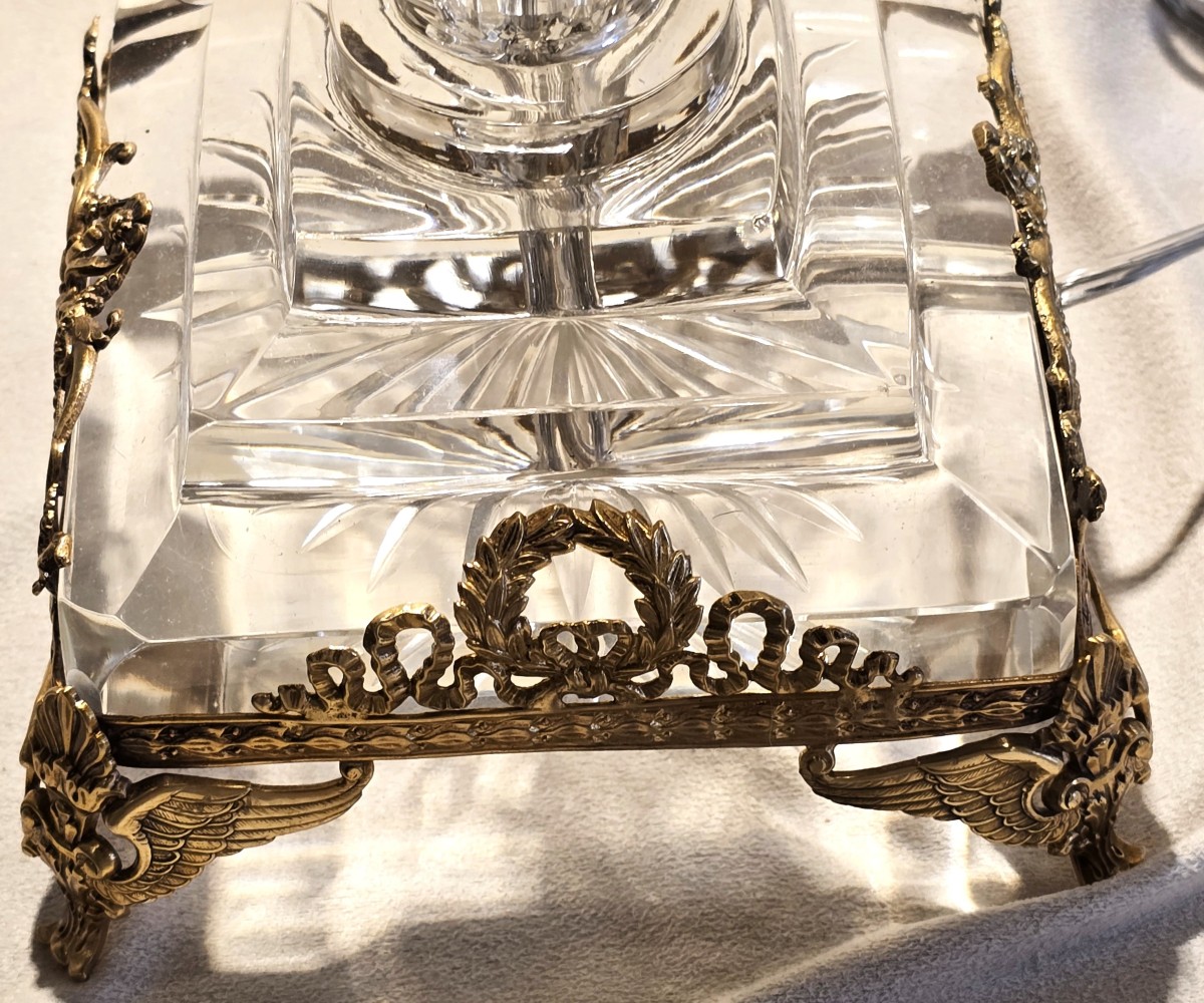  ancien pied de lampe en cristal et ornements en  metal doré -photo-4