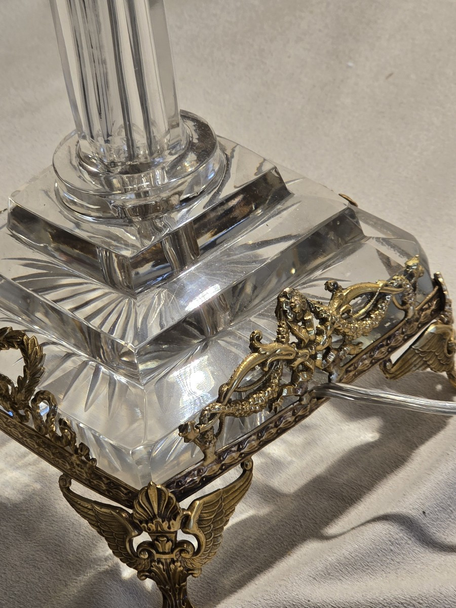  ancien pied de lampe en cristal et ornements en  metal doré -photo-1