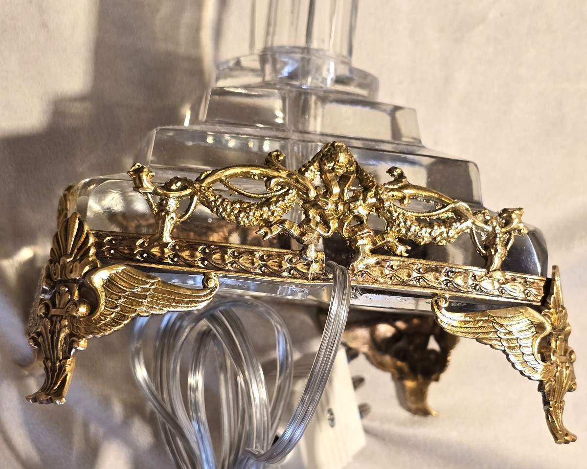  ancien pied de lampe en cristal et ornements en  metal doré -photo-2