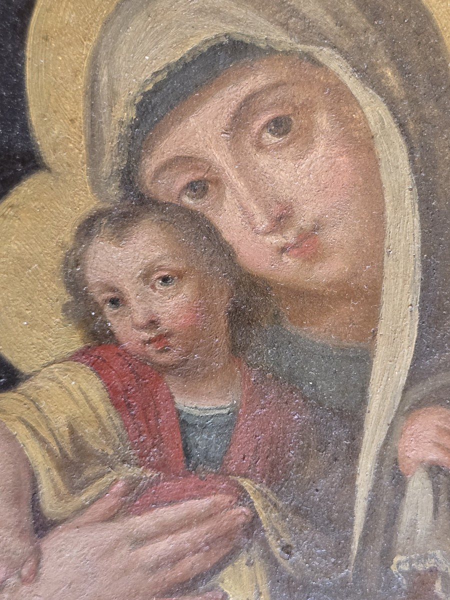 tableau ancien huile su cuivre Vierge avec l'enfant Jesus cadre doré-photo-3