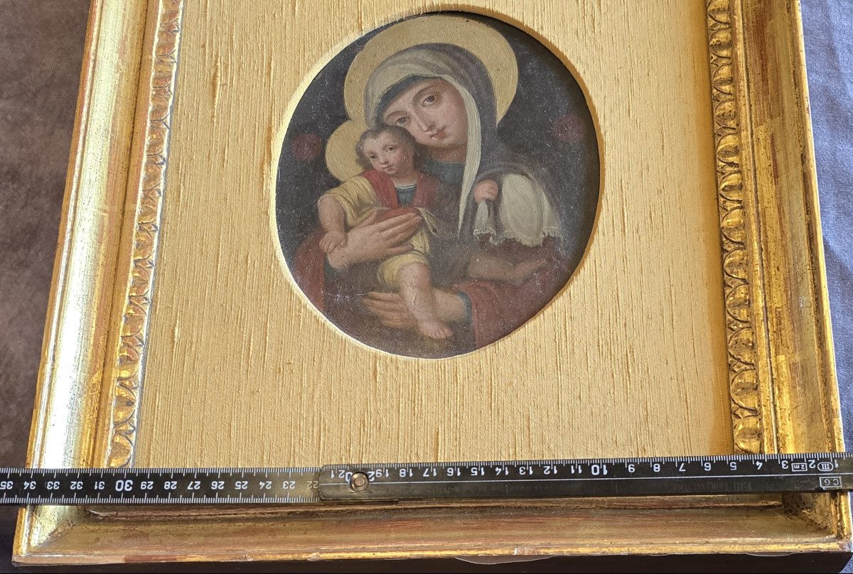 tableau ancien huile su cuivre Vierge avec l'enfant Jesus cadre doré-photo-1