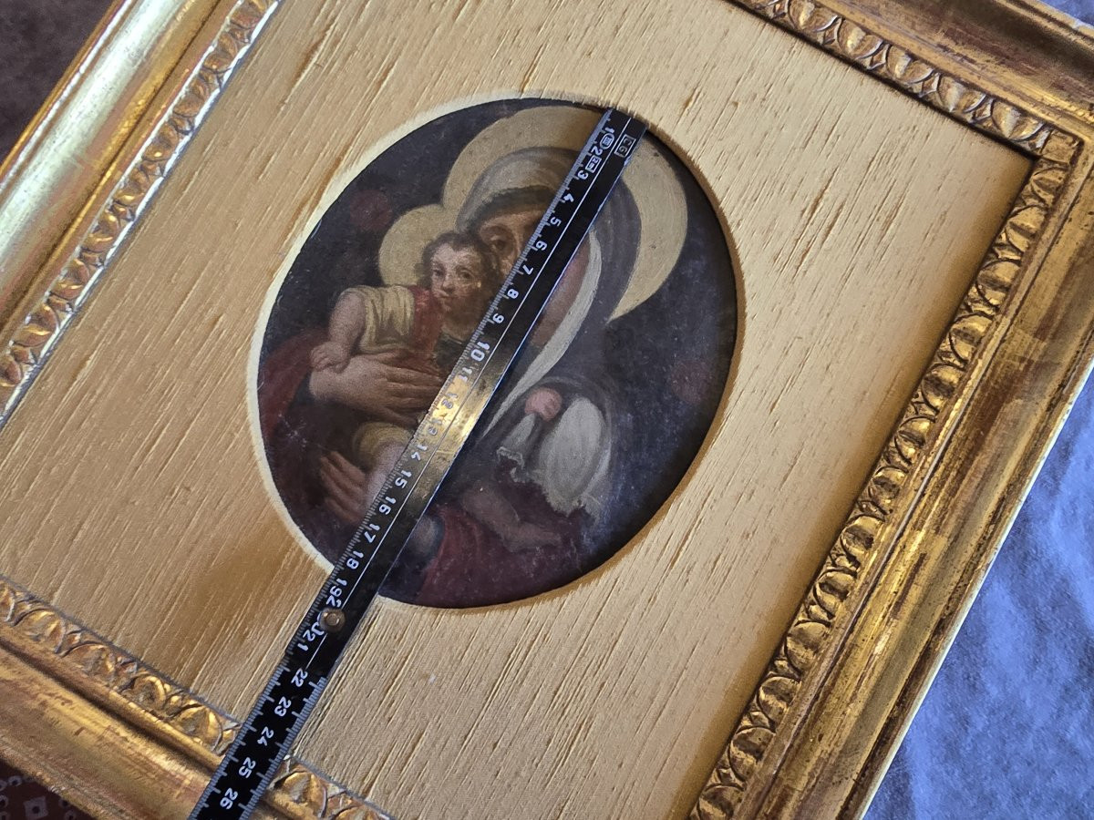tableau ancien huile su cuivre Vierge avec l'enfant Jesus cadre doré-photo-4