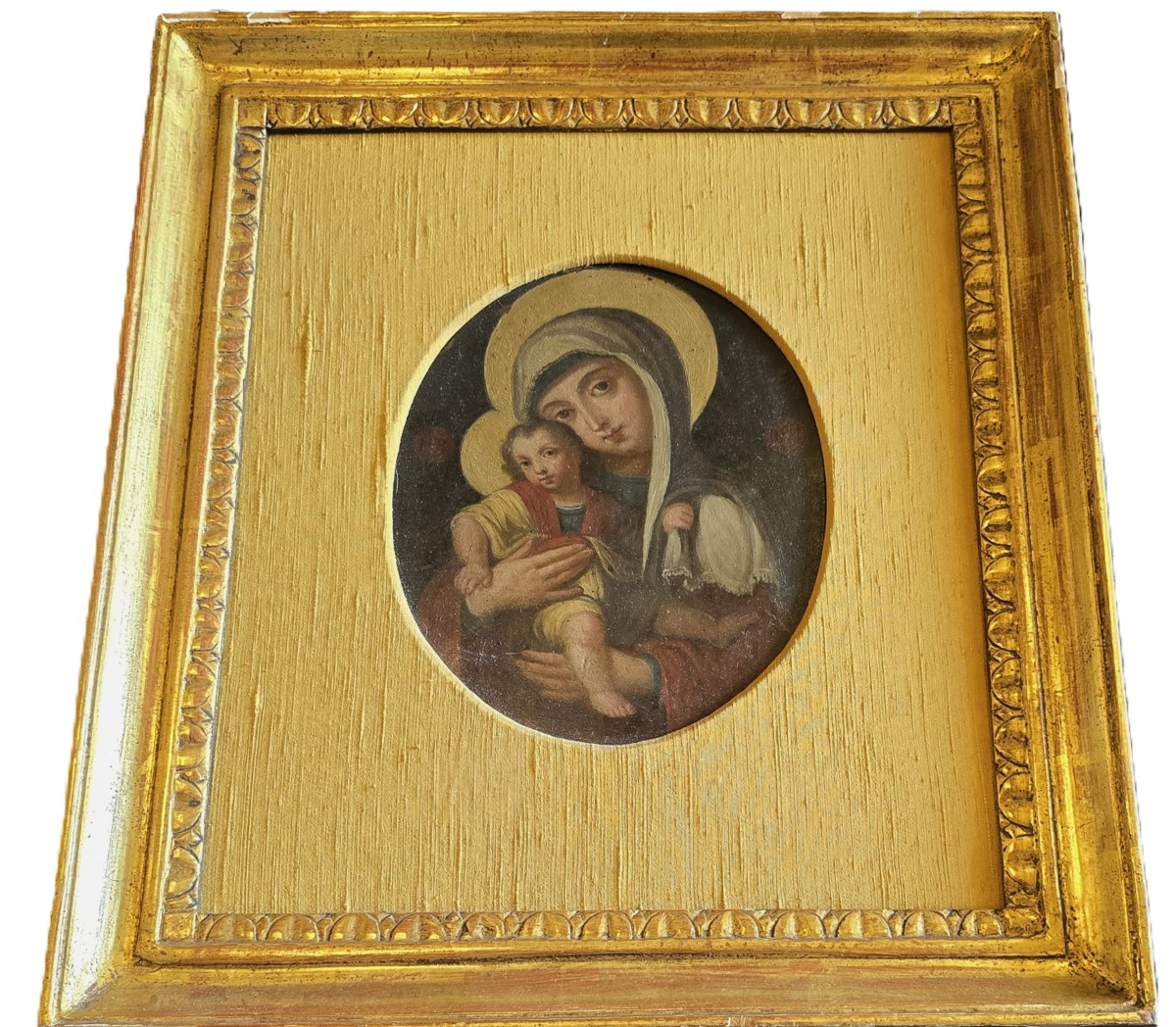 tableau ancien huile su cuivre Vierge avec l'enfant Jesus cadre doré