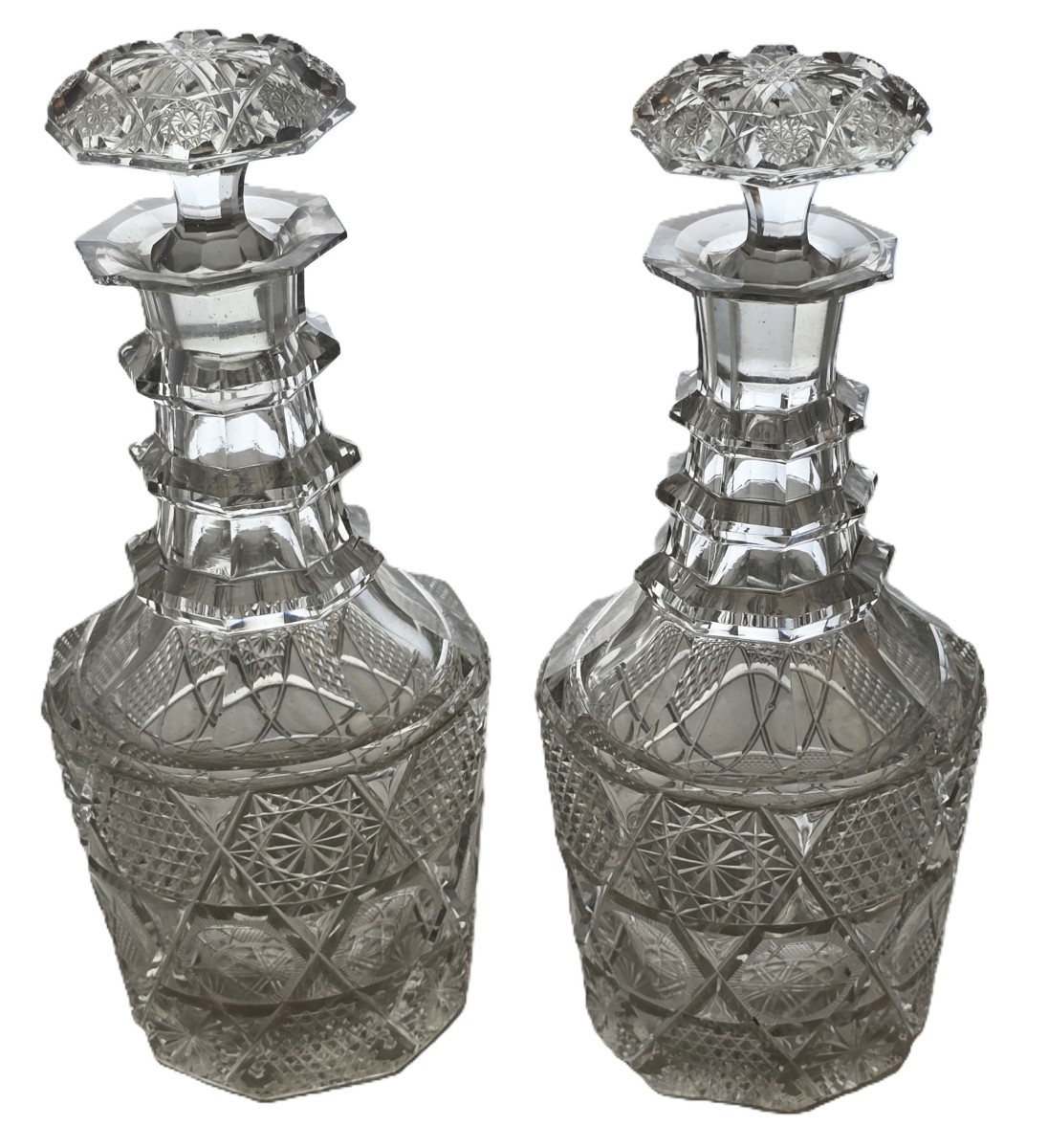 Pair Of Antique Hand-cut Bohemian Crystal Decanters