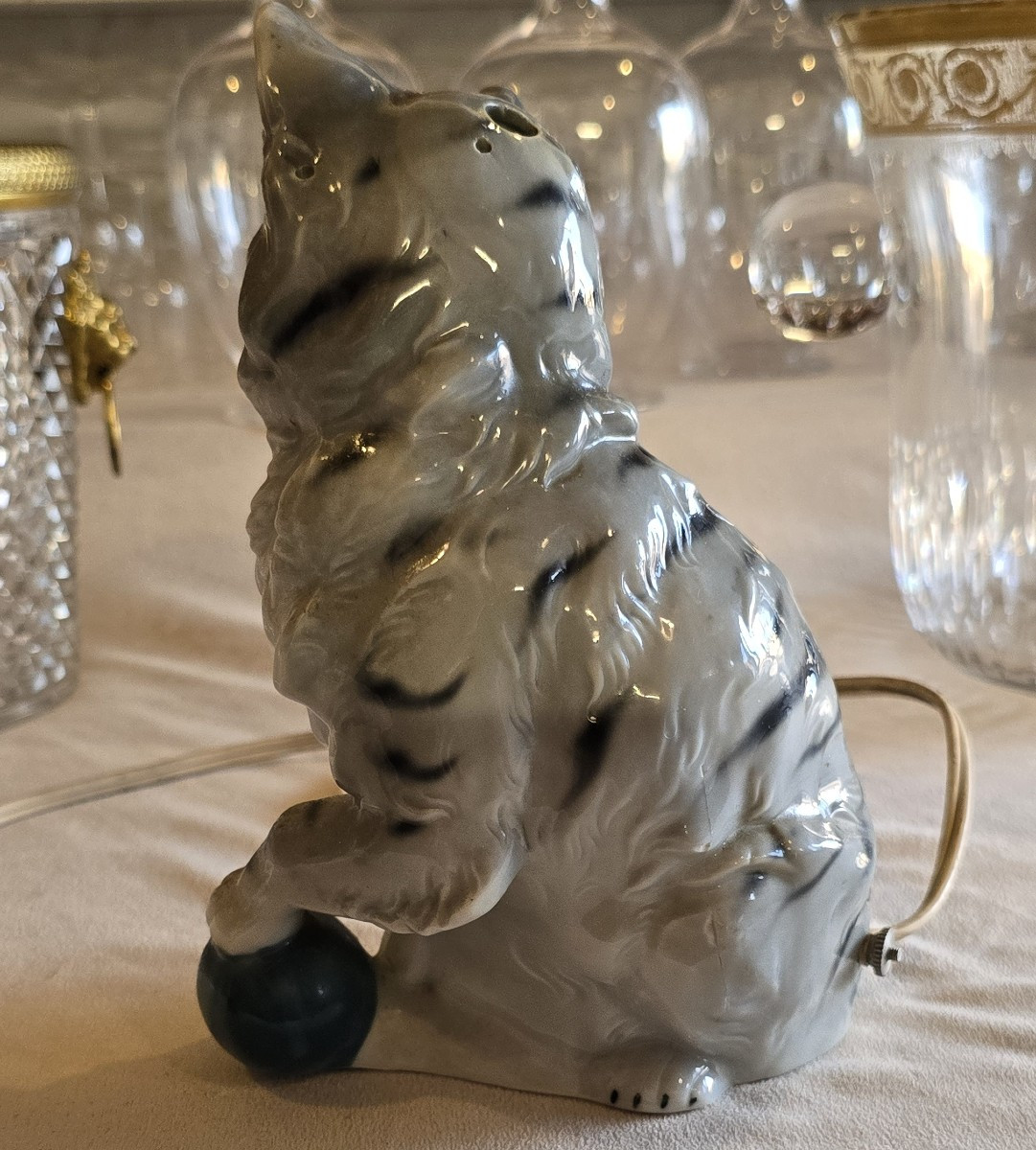 ancienne lampe veilleuse en céramique en forme de  chat-photo-4