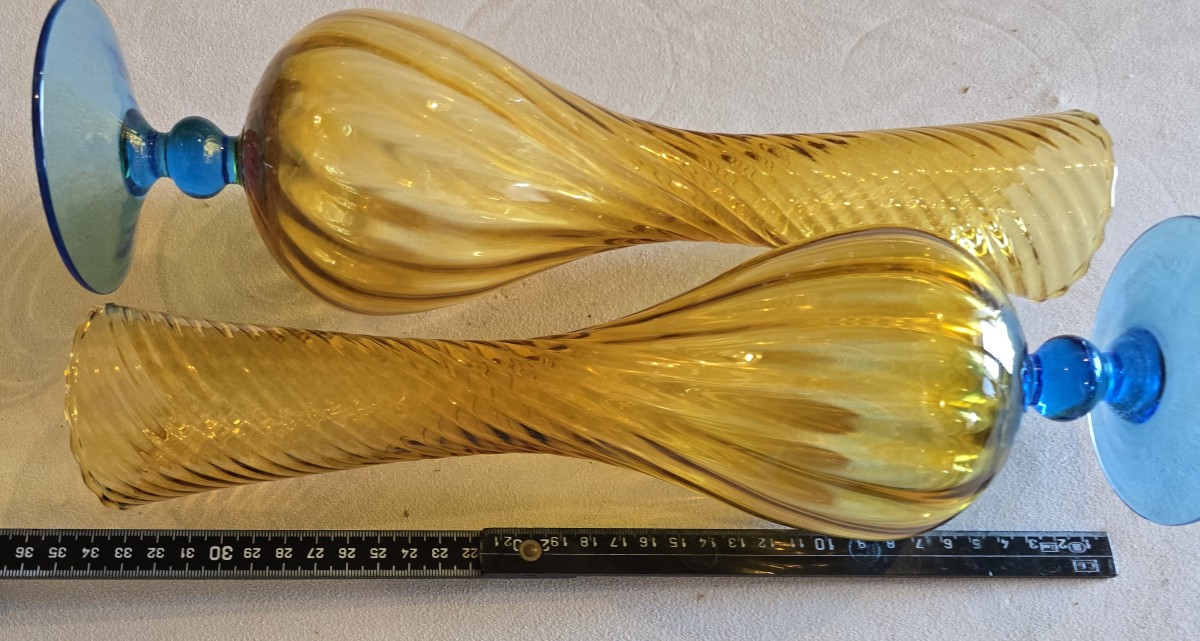  Paire de vases anciens en verre soufflé bicolore Empoli Italie-photo-1