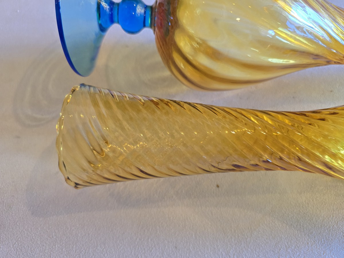  Paire de vases anciens en verre soufflé bicolore Empoli Italie-photo-4