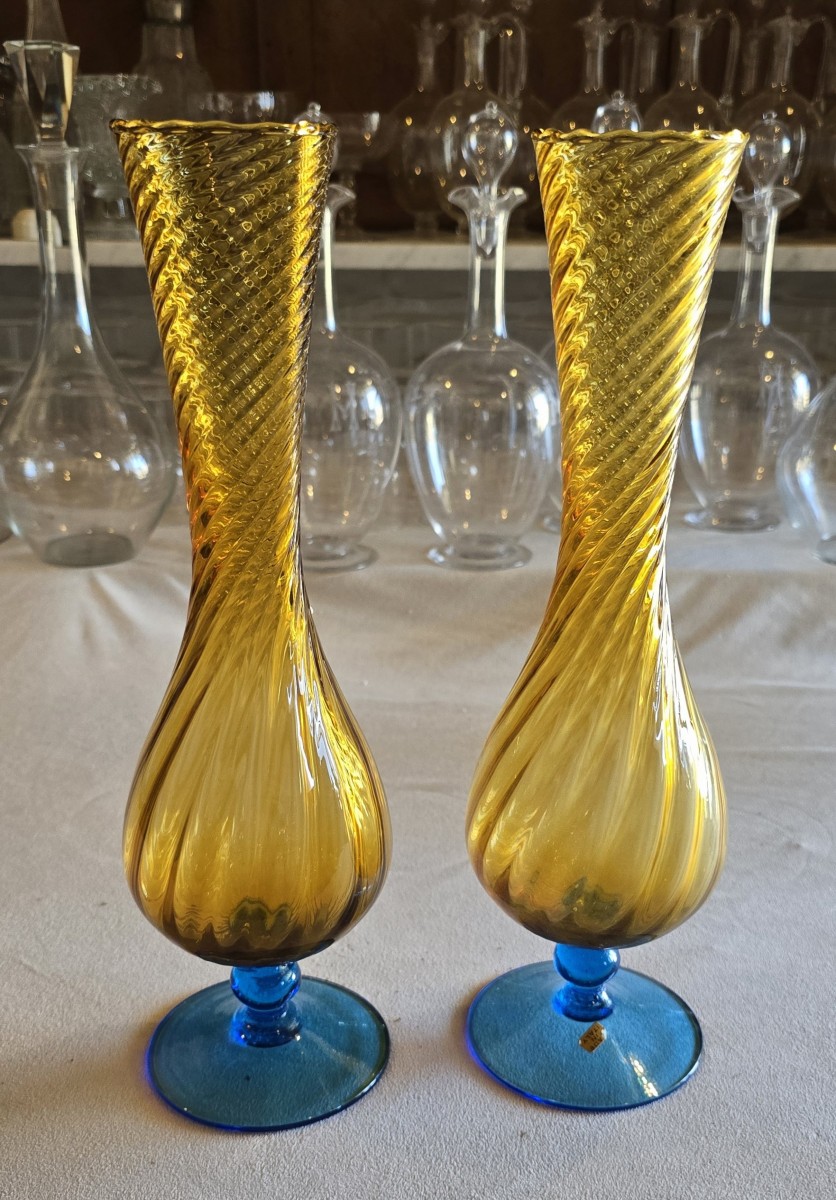  Paire de vases anciens en verre soufflé bicolore Empoli Italie