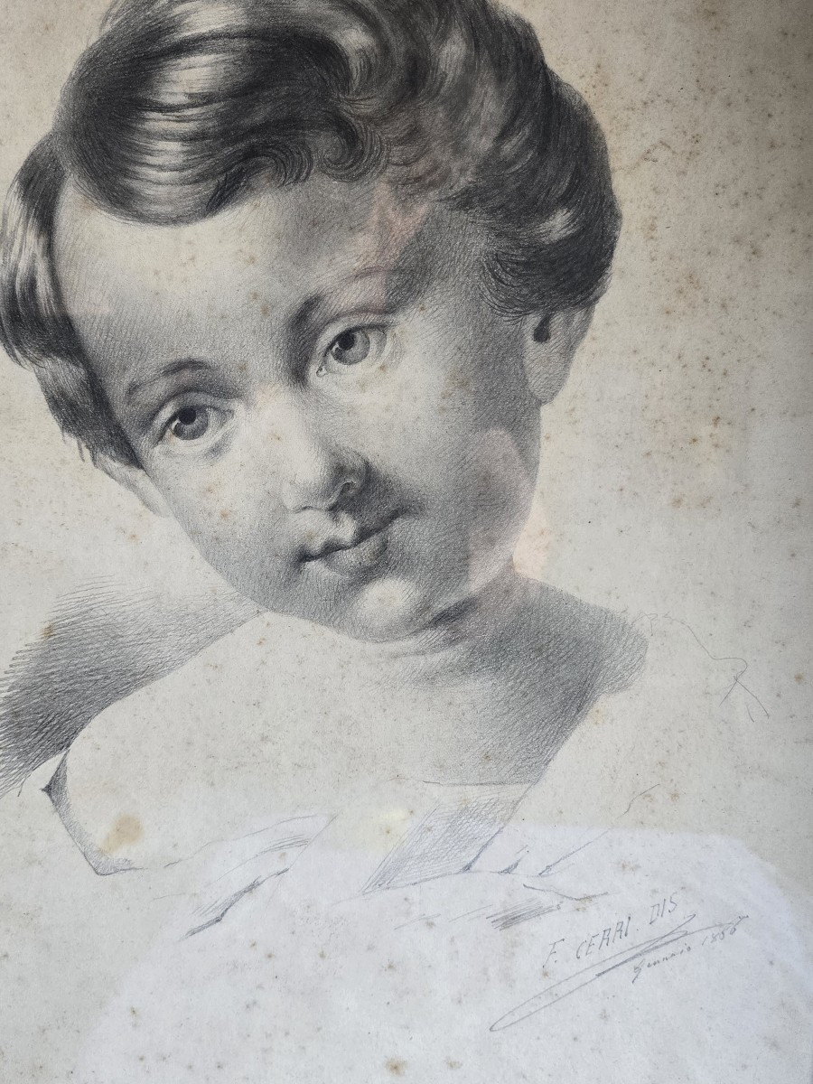 Pair Of Drawings, Children's Portraits, 19th Century, Signed-photo-3