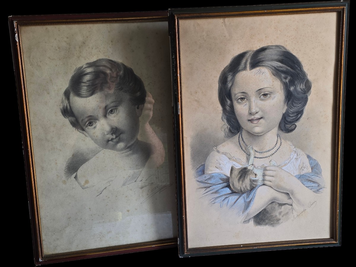 Pair Of Drawings, Children's Portraits, 19th Century, Signed