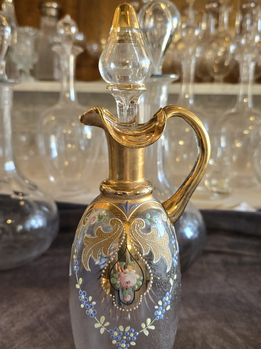 Antique Small Liqueur Carafe And Two Small Enameled Glasses-photo-2