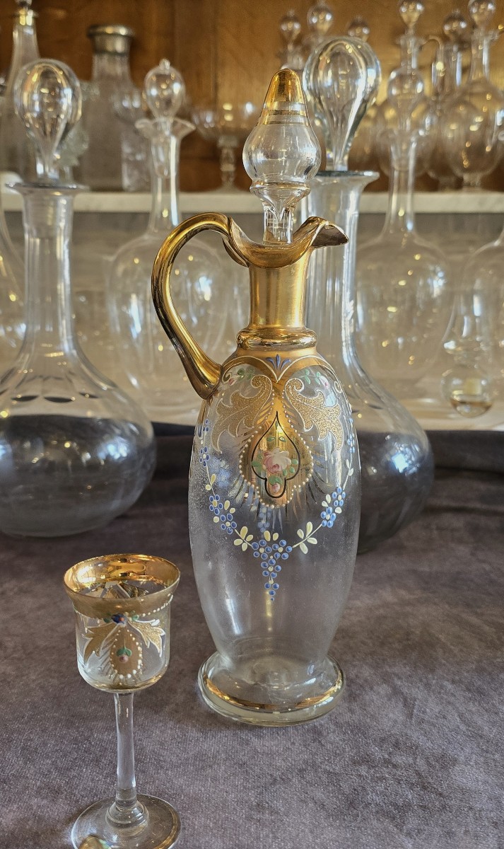 Antique Small Liqueur Carafe And Two Small Enameled Glasses-photo-3
