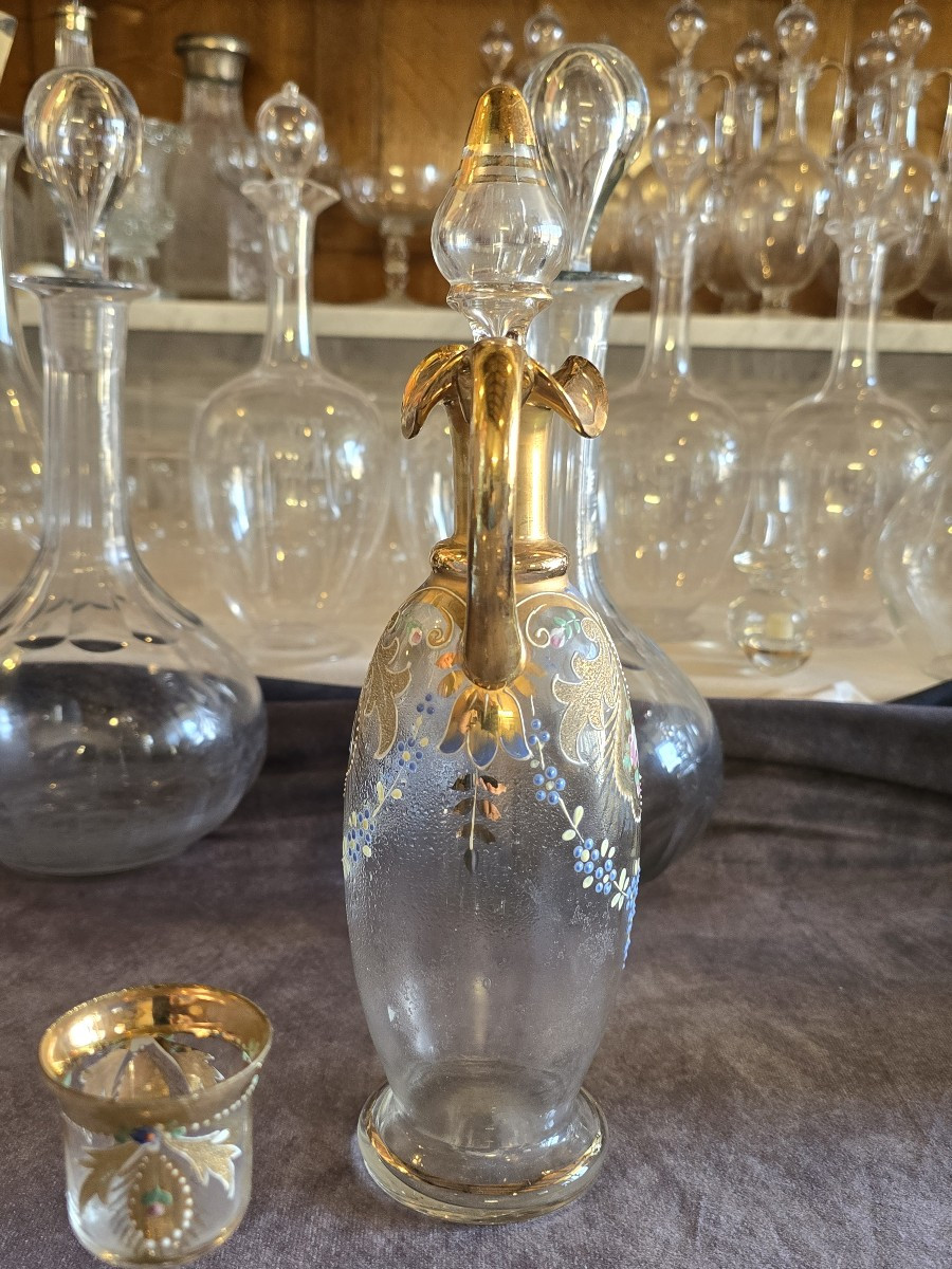 Antique Small Liqueur Carafe And Two Small Enameled Glasses-photo-1