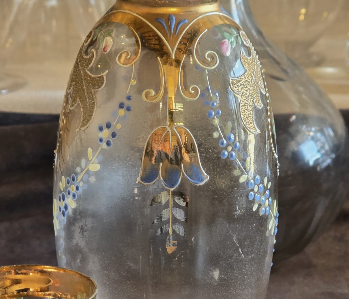 Antique Small Liqueur Carafe And Two Small Enameled Glasses-photo-2