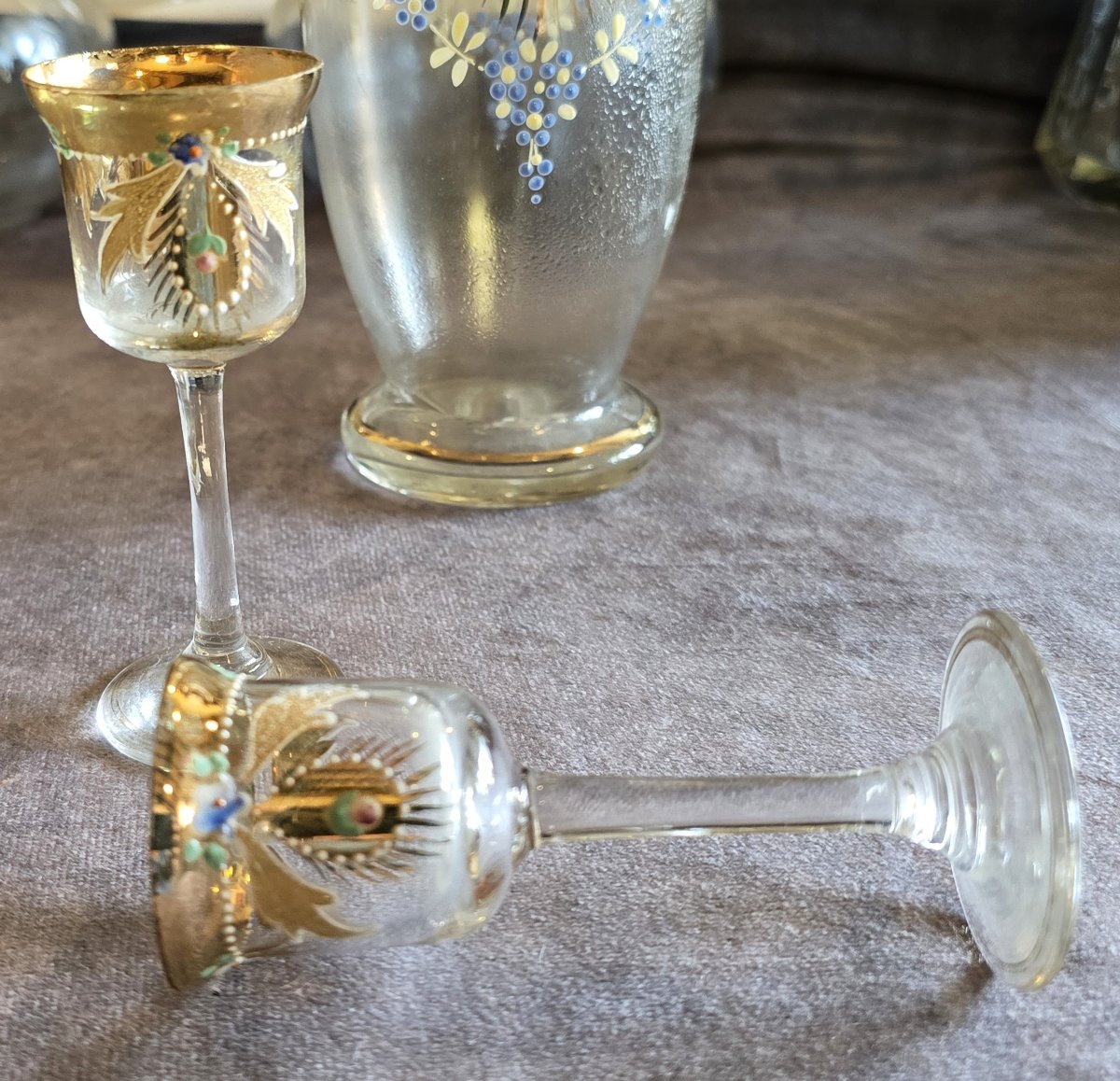 Antique Small Liqueur Carafe And Two Small Enameled Glasses-photo-6