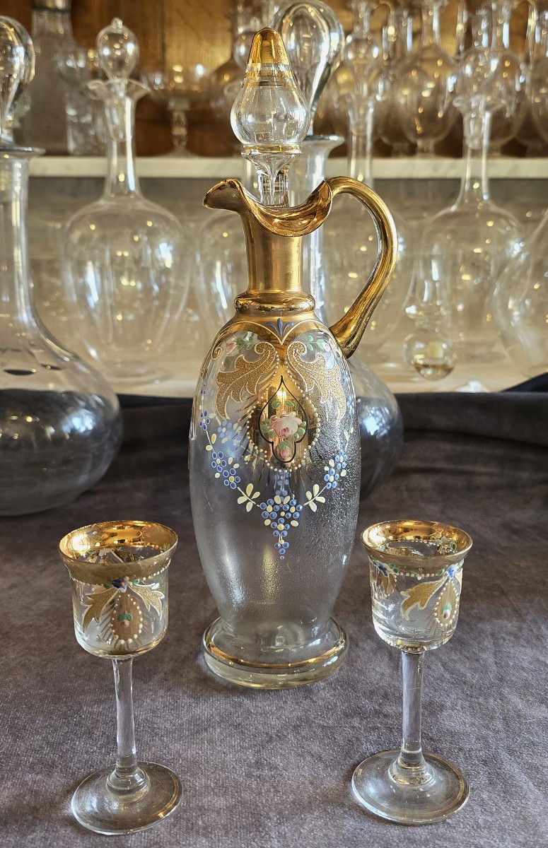 Antique Small Liqueur Carafe And Two Small Enameled Glasses