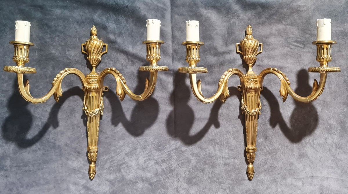Antique Pair Of Bronze Wall Sconces, Louis XVI Style