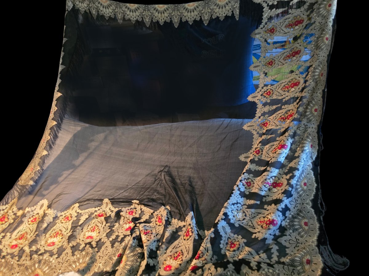 Antique Shawl In Espolined Silk Muslin-photo-2