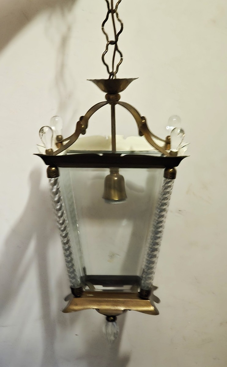 Beautiful Glass And Brass Lantern In The Style Of Fontana Arte – Italy, Circa 1960-photo-3