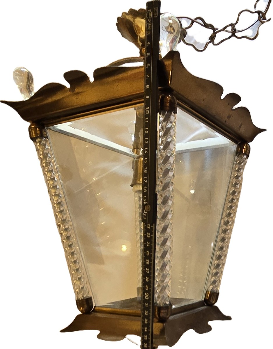 Beautiful Glass And Brass Lantern In The Style Of Fontana Arte – Italy, Circa 1960-photo-6