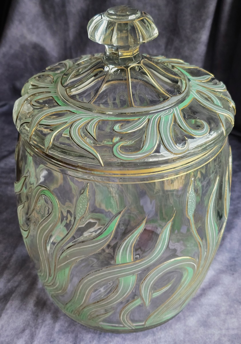 Antique Enamelled Crystal Covered Jar, Bohemia Or Austria, Art Nouveau – Jugendstil-photo-3