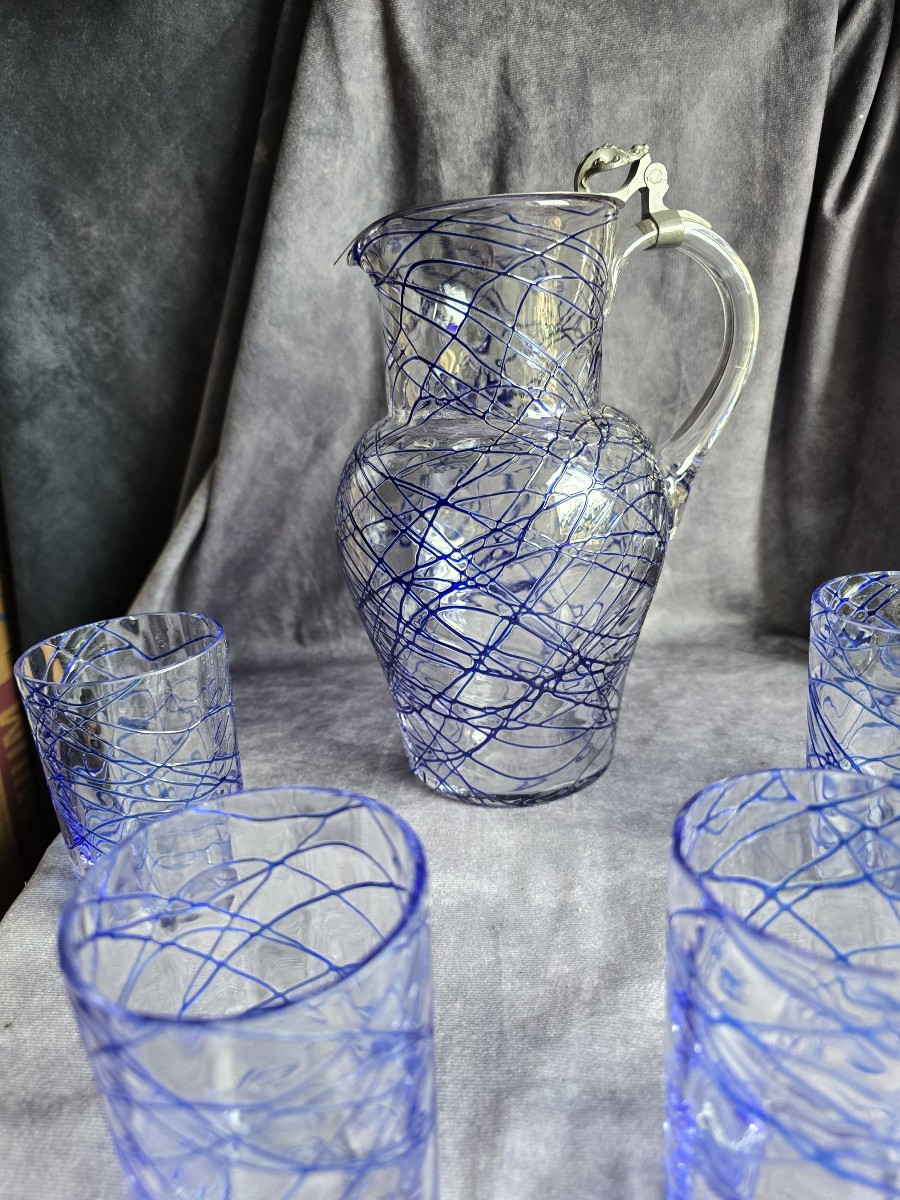 Ensemble pichet à sirop et 4 verres  bohémien Pallme-Konig, décor filé bleu- vers 1900-photo-1
